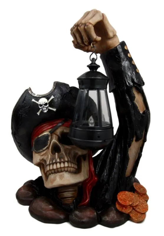13" Tall Pirate With Solar Lantern Captain Bone's Treasure Halloween Figurine