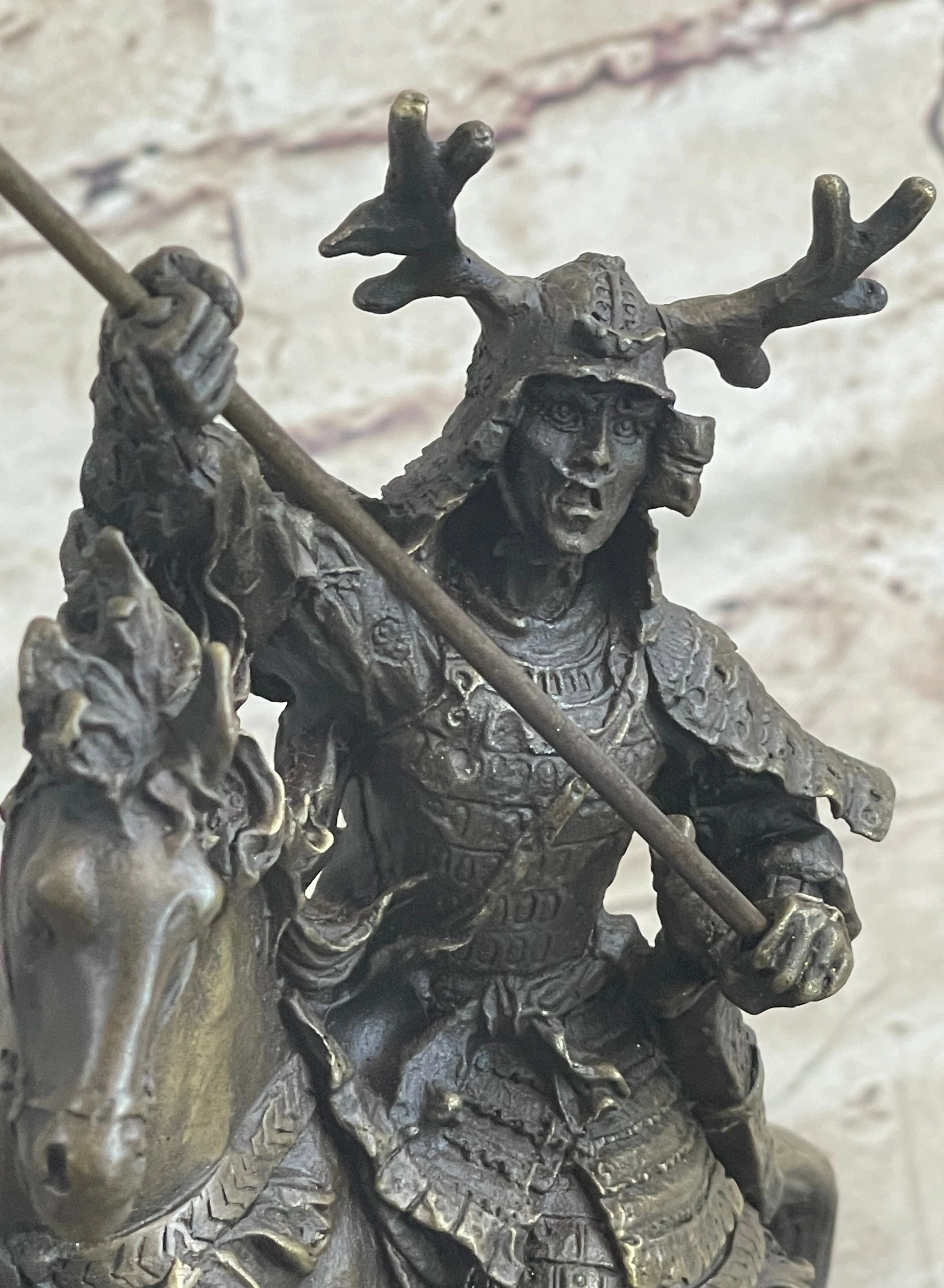 Japanese Samurai Warrior on Horseback Bronze Statue Sculpture Figure on Marble Base