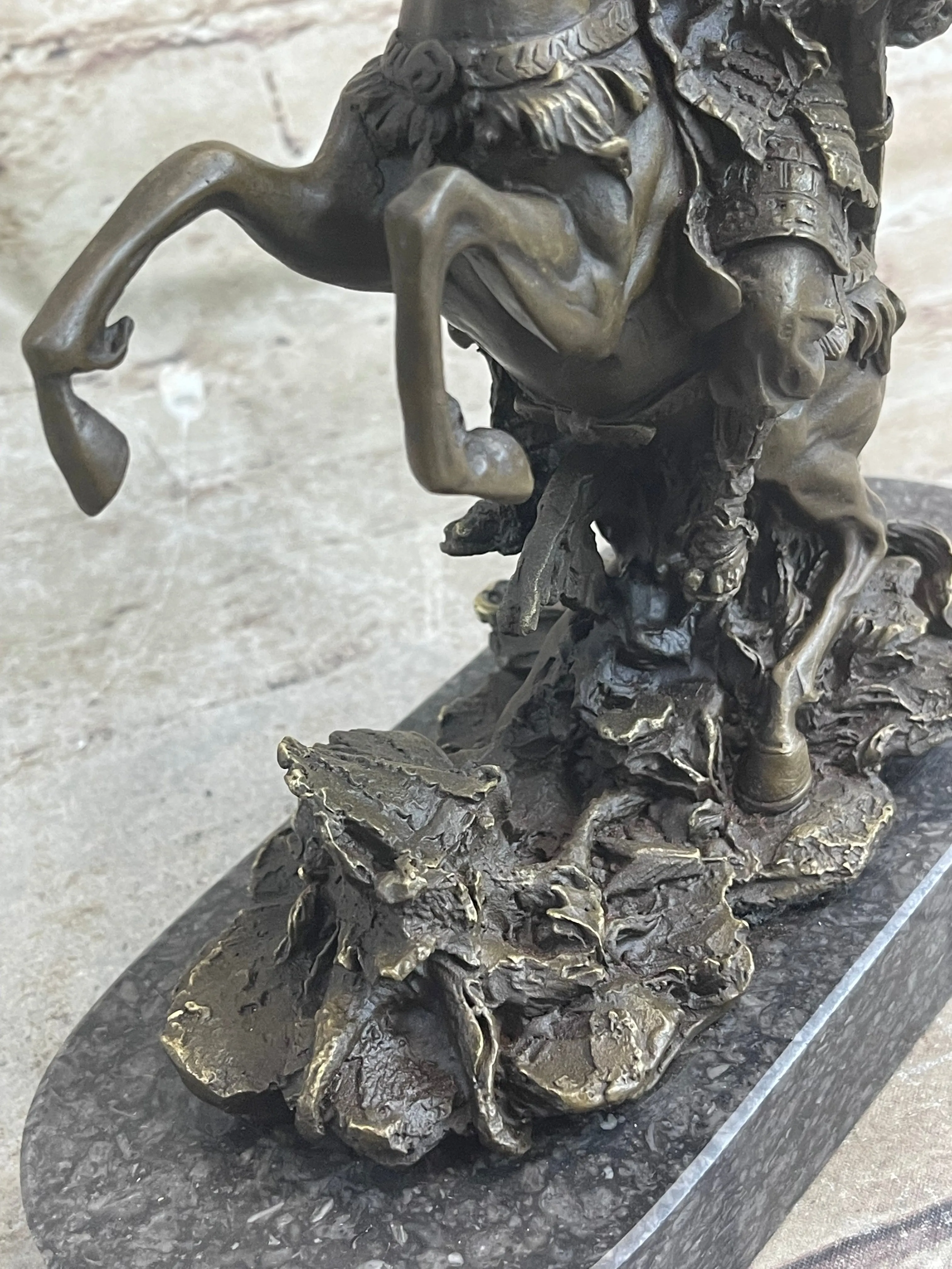 Japanese Samurai Warrior on Horseback Bronze Statue Sculpture Figure on Marble Base