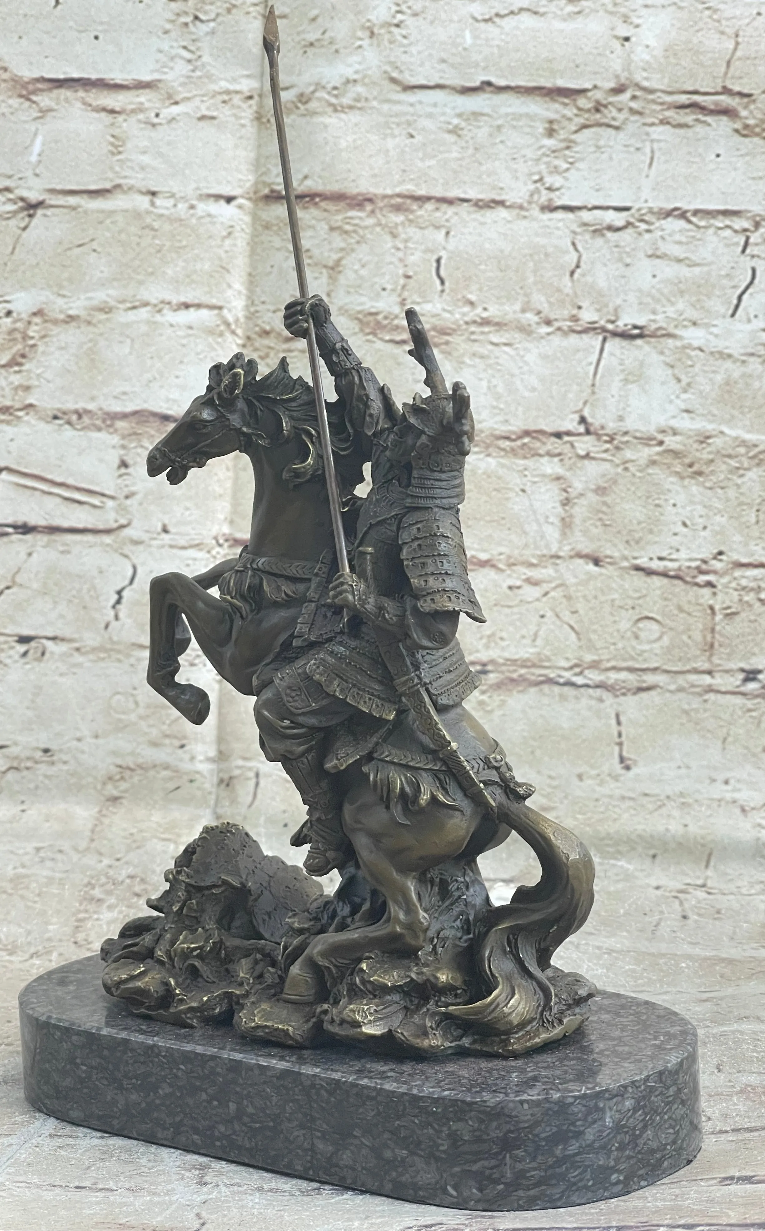 Japanese Samurai Warrior on Horseback Bronze Statue Sculpture Figure on Marble Base