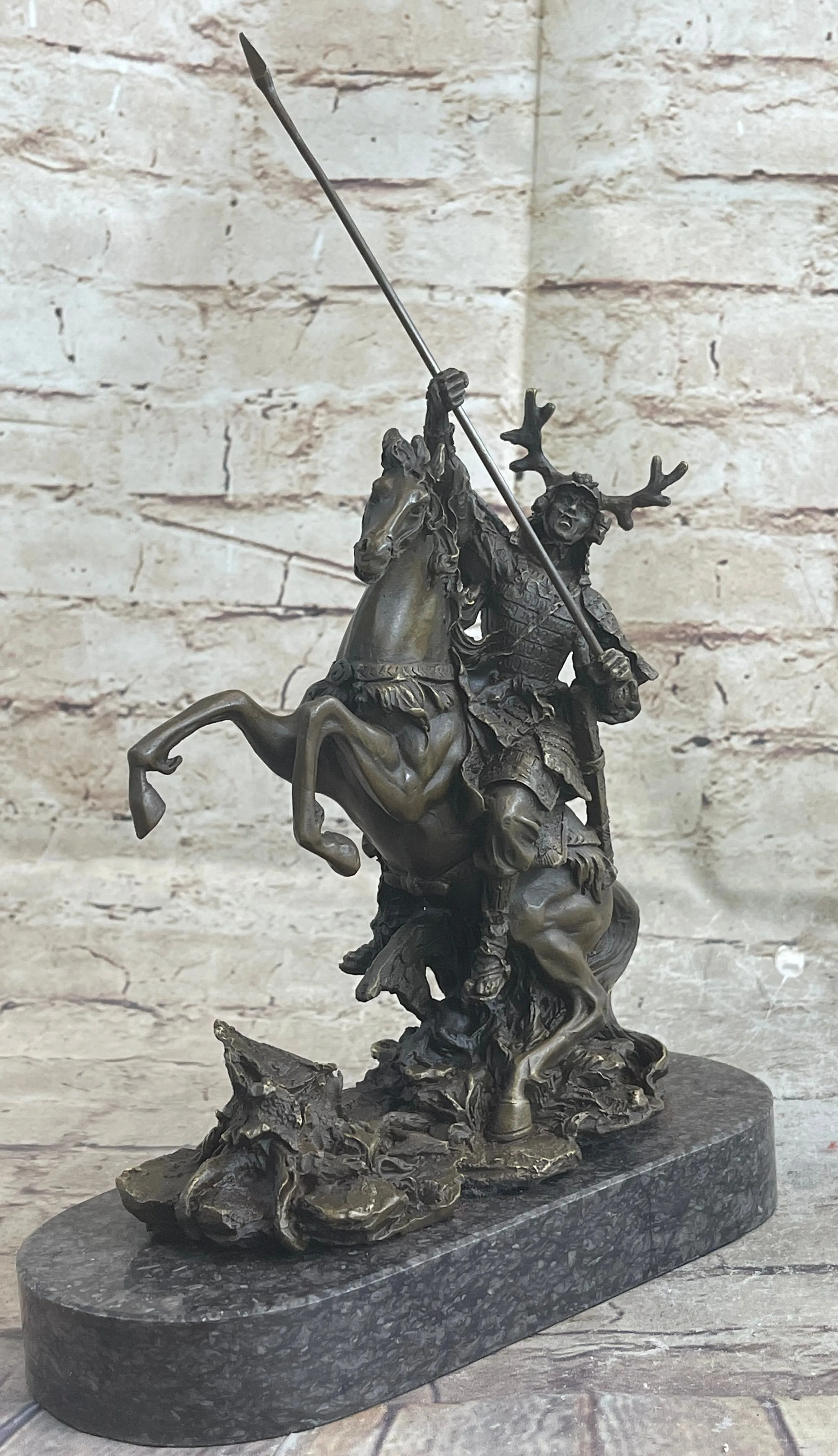 Japanese Samurai Warrior on Horseback Bronze Statue Sculpture Figure on Marble Base