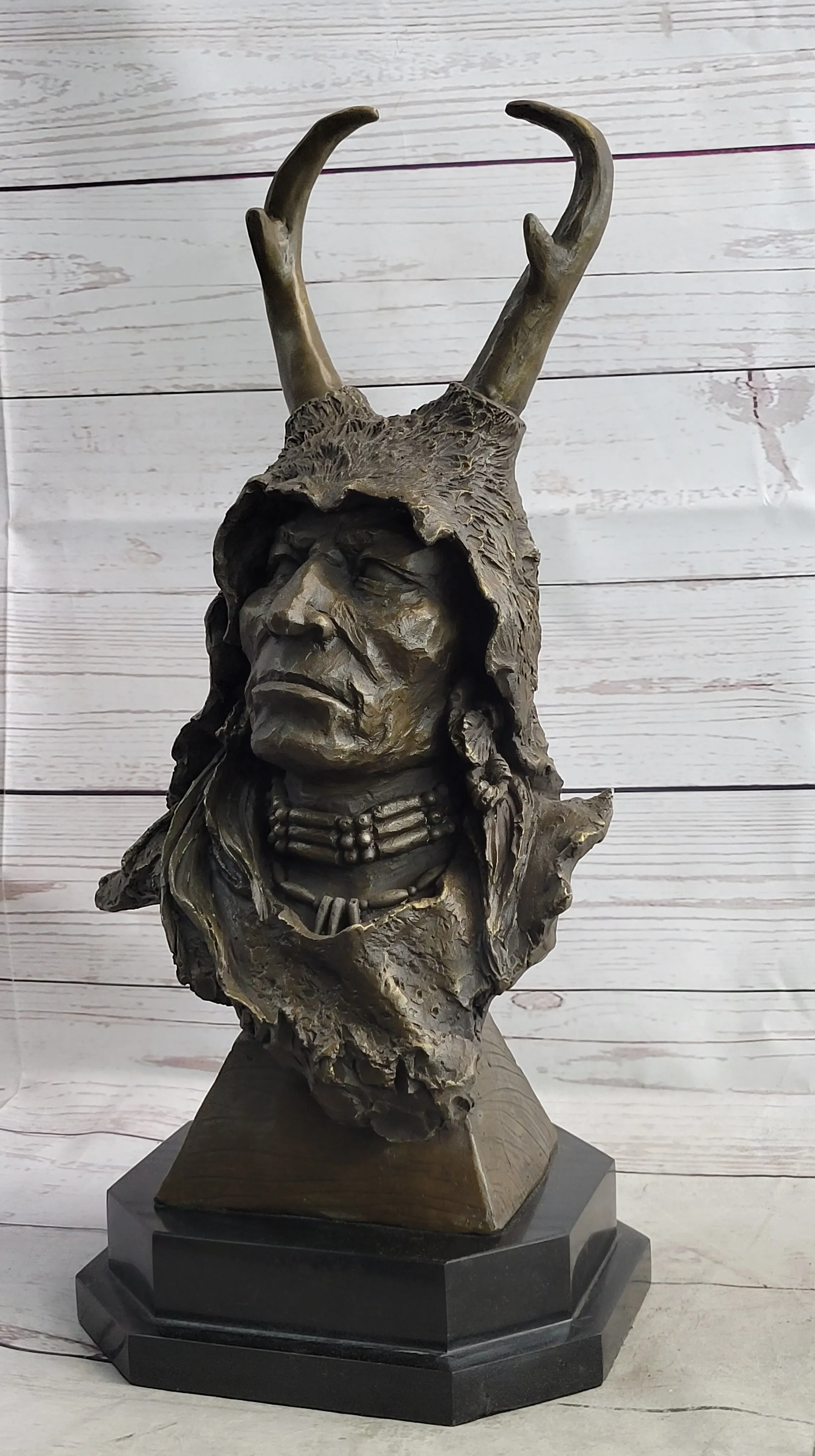 Native American Indian Shaman Man in Antler Headdress Bronze Sculpture Statue on Marble Base