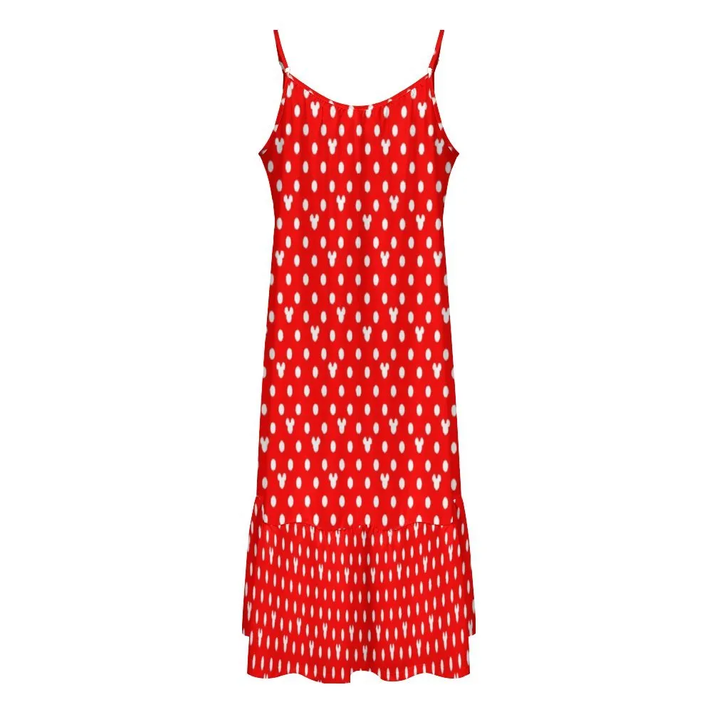 Red With White Mickey Polka Dots Suspender Sleeveless Dress