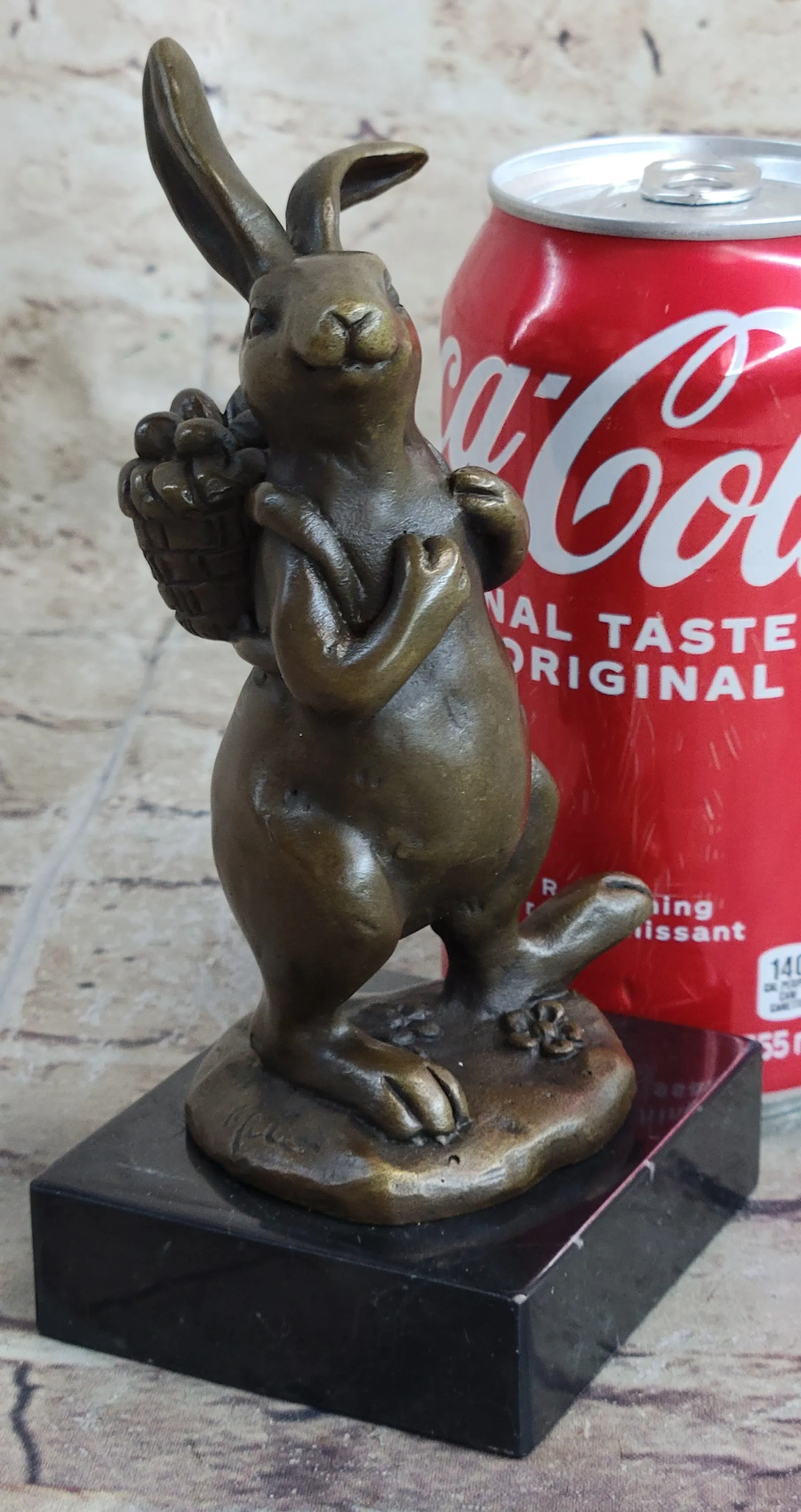 Signed Original Milo Bunny W. Basket of Flower Bronze Art Decor Sculpture Figure