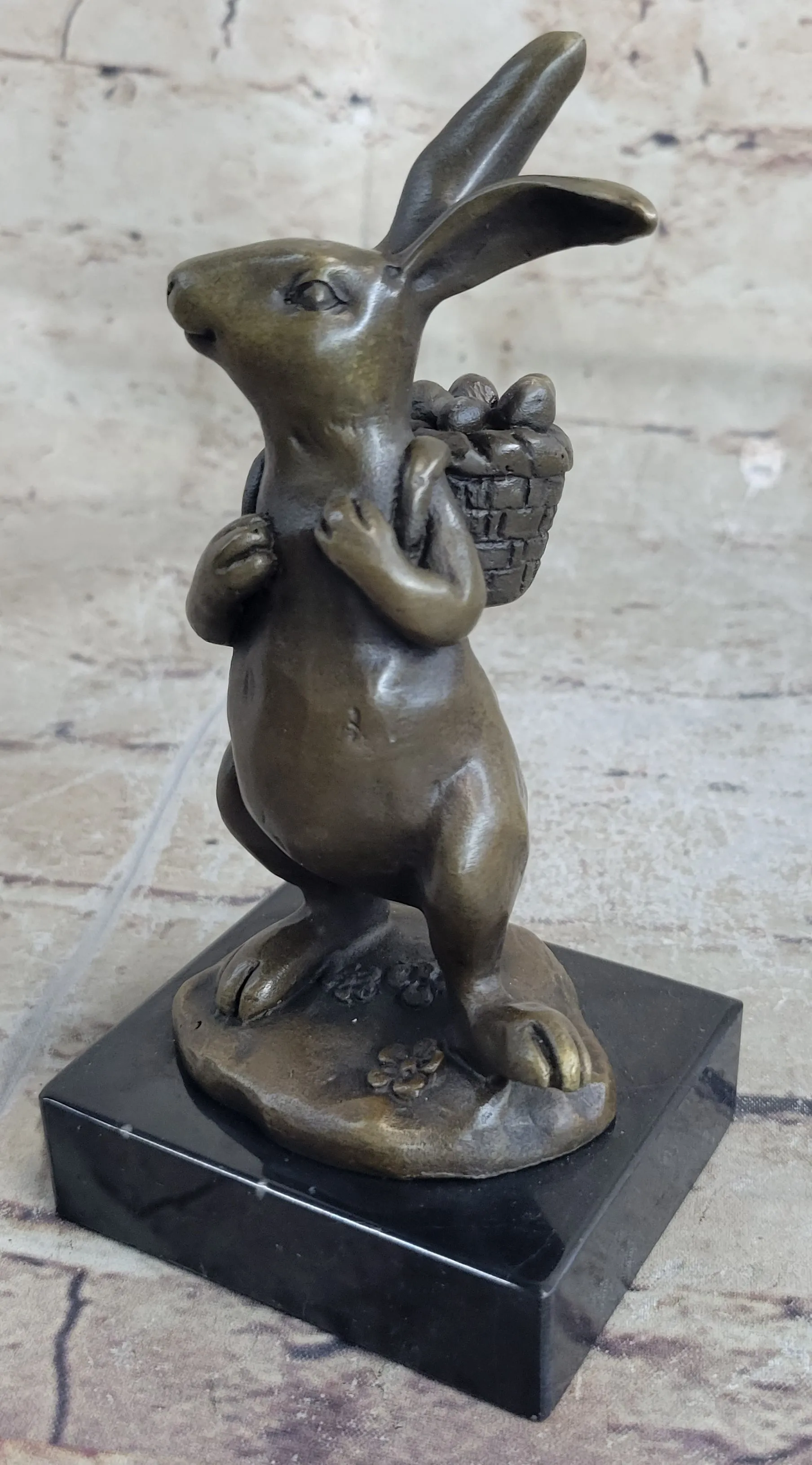 Signed Original Milo Bunny W. Basket of Flower Bronze Art Decor Sculpture Figure