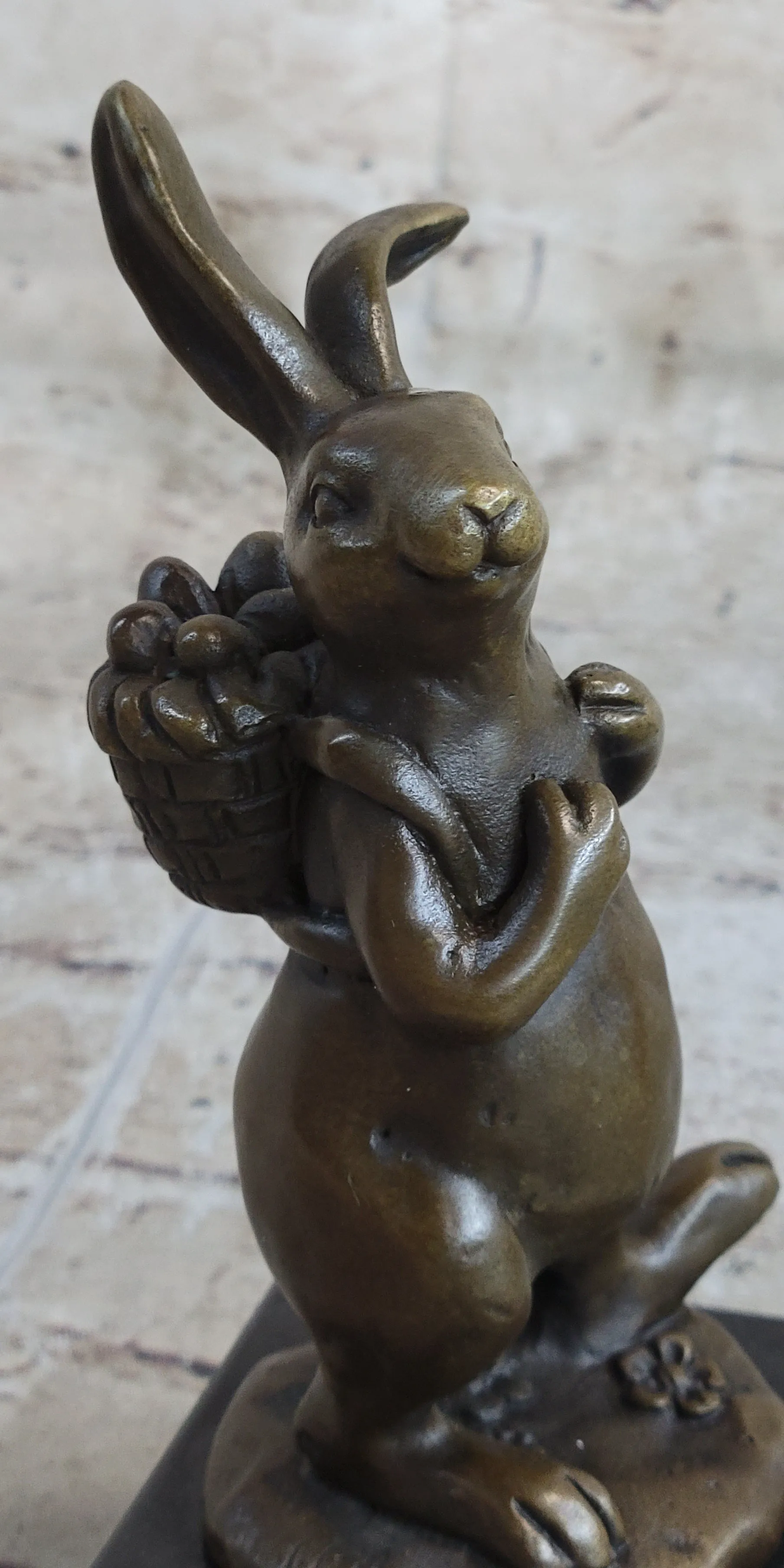 Signed Original Milo Bunny W. Basket of Flower Bronze Art Decor Sculpture Figure