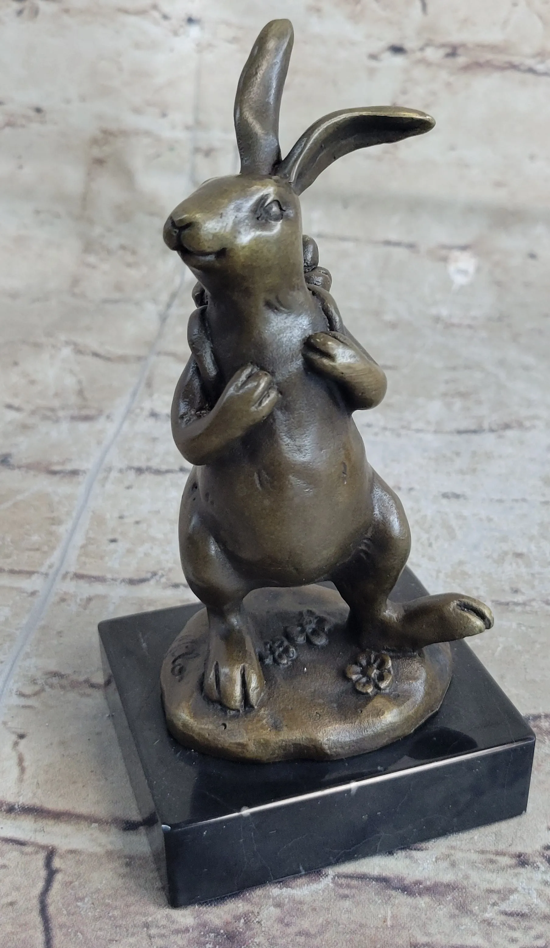 Signed Original Milo Bunny W. Basket of Flower Bronze Art Decor Sculpture Figure