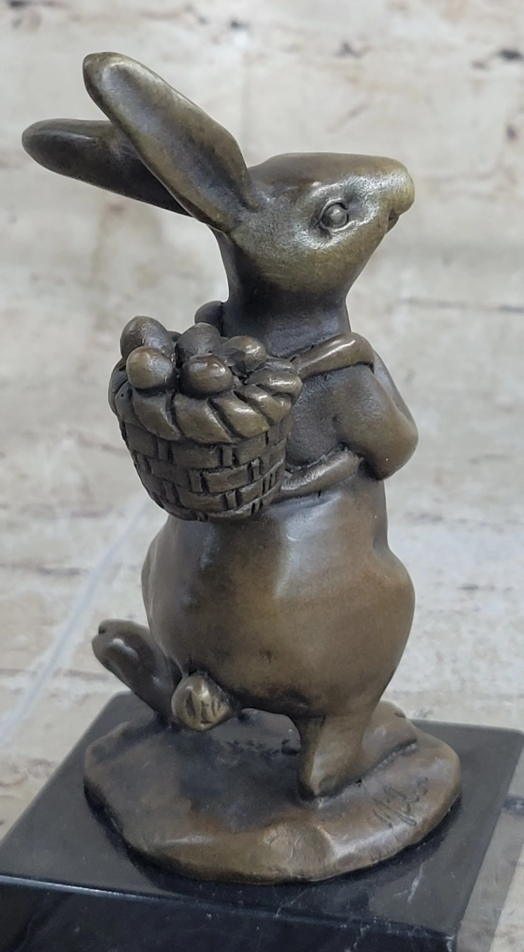 Signed Original Milo Bunny W. Basket of Flower Bronze Art Decor Sculpture Figure