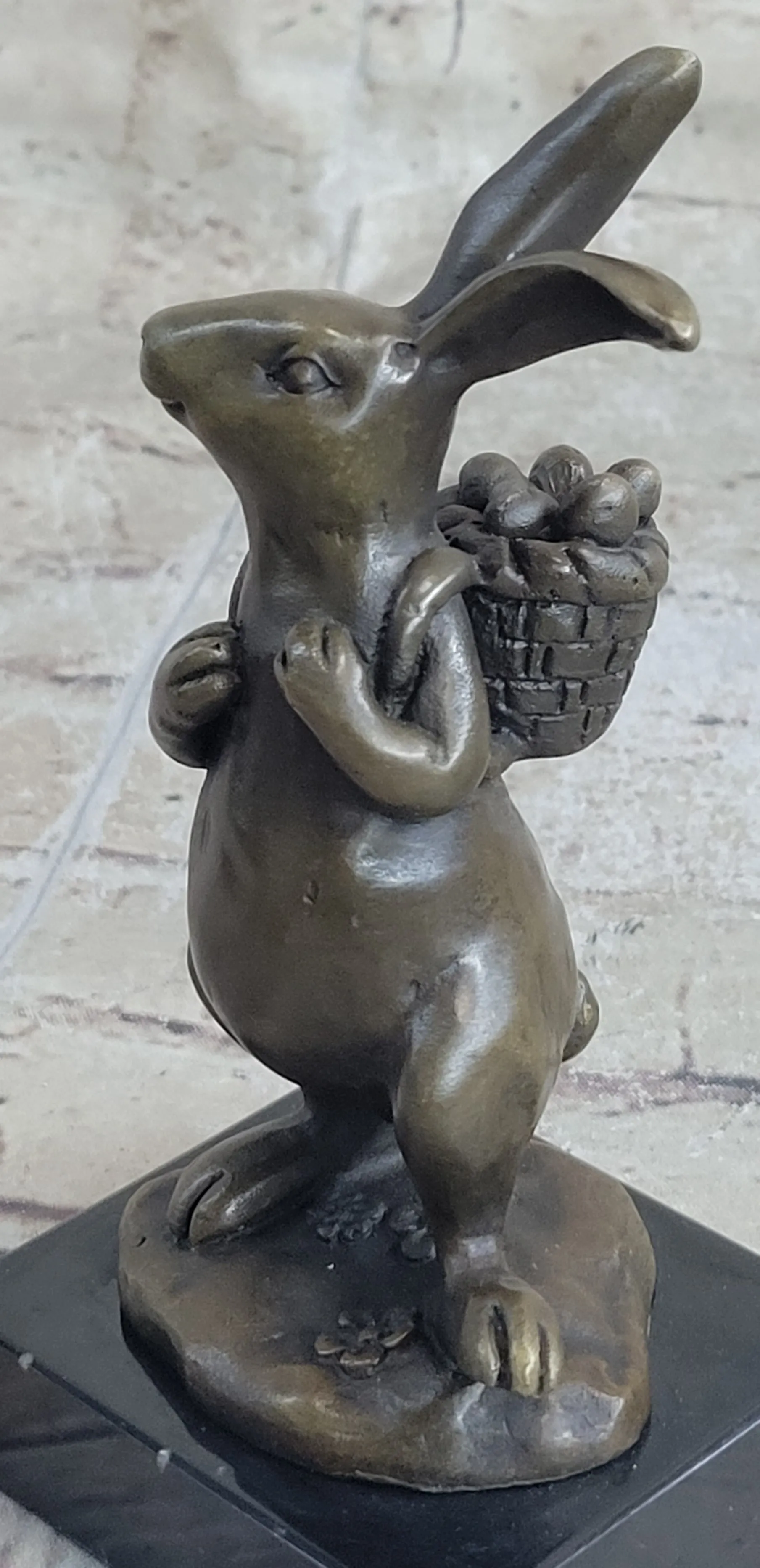 Signed Original Milo Bunny W. Basket of Flower Bronze Art Decor Sculpture Figure