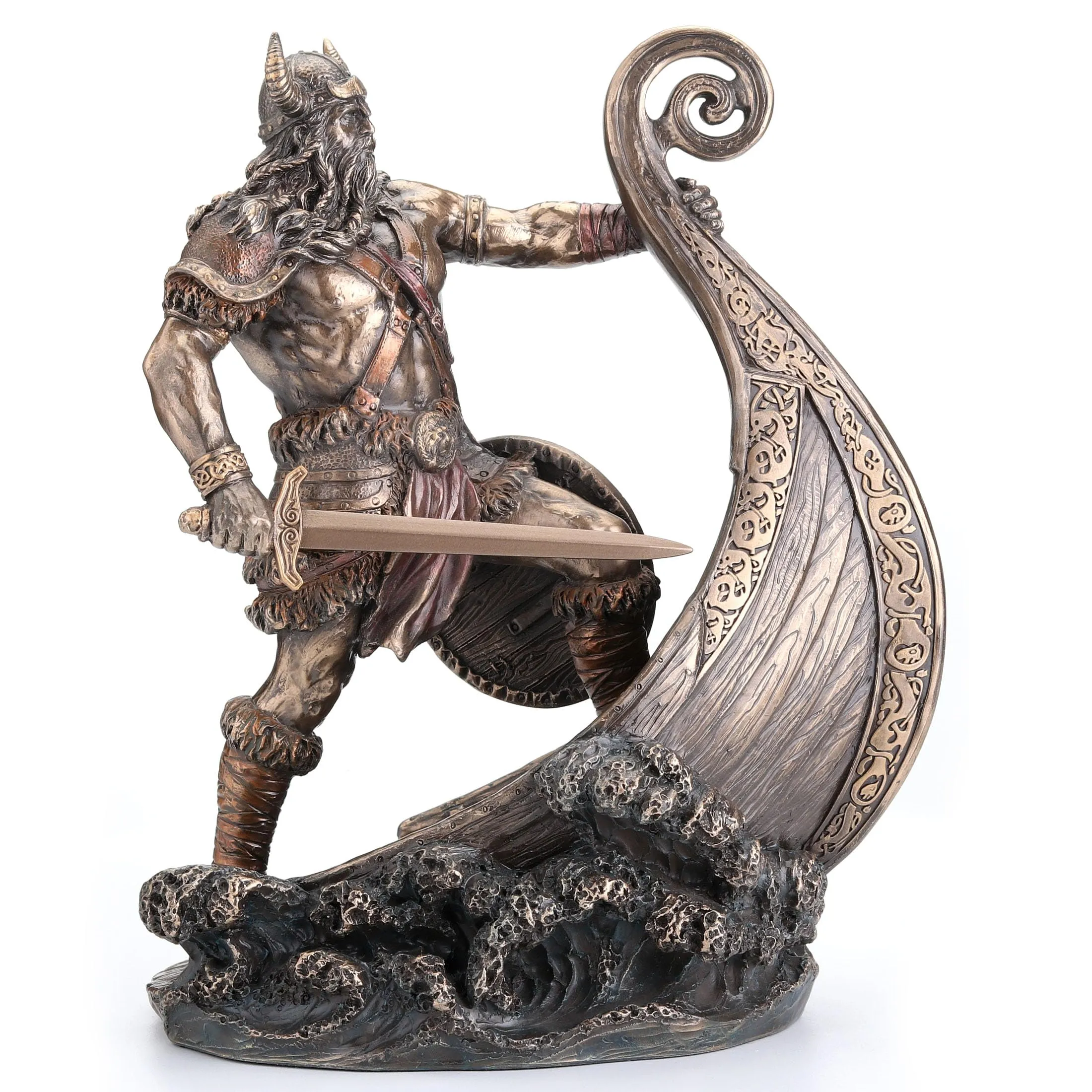 Veronese Design 9.5 Inch Norse Viking Warrior Standing On Long Ship Prow Antique Bronze Finish Statue