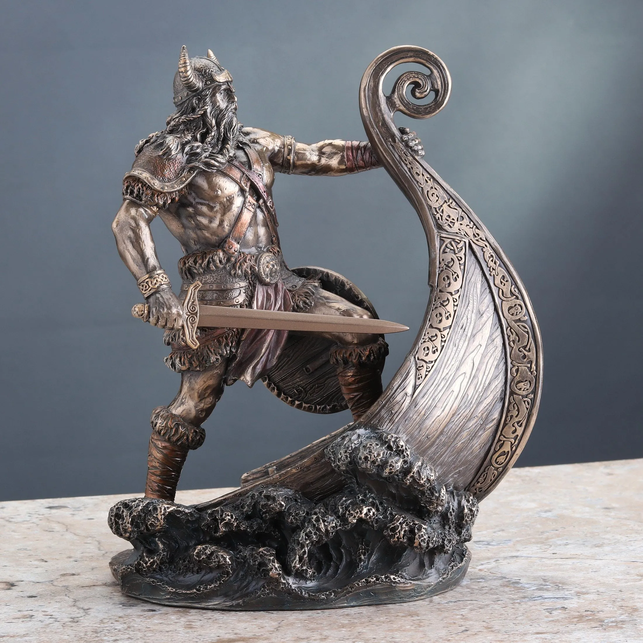 Veronese Design 9.5 Inch Norse Viking Warrior Standing On Long Ship Prow Antique Bronze Finish Statue